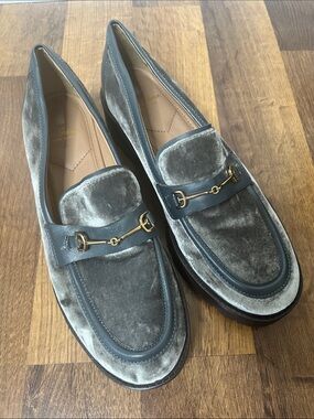Sam Edelman Tully Lugged Platform Loafers Smokey Blue Velvet Gold Tone Horsebit